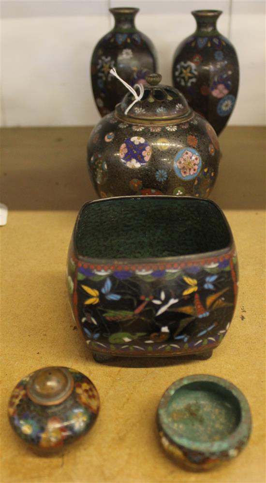 Six Japanese cloisonne enamel vessels, early 20th century, height 2cm - 15cm(-)